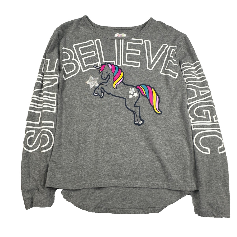 Girls Gray Shine Believe Magic Unicorn Long Sleeve Tee Shirt 365 Kids Size 7